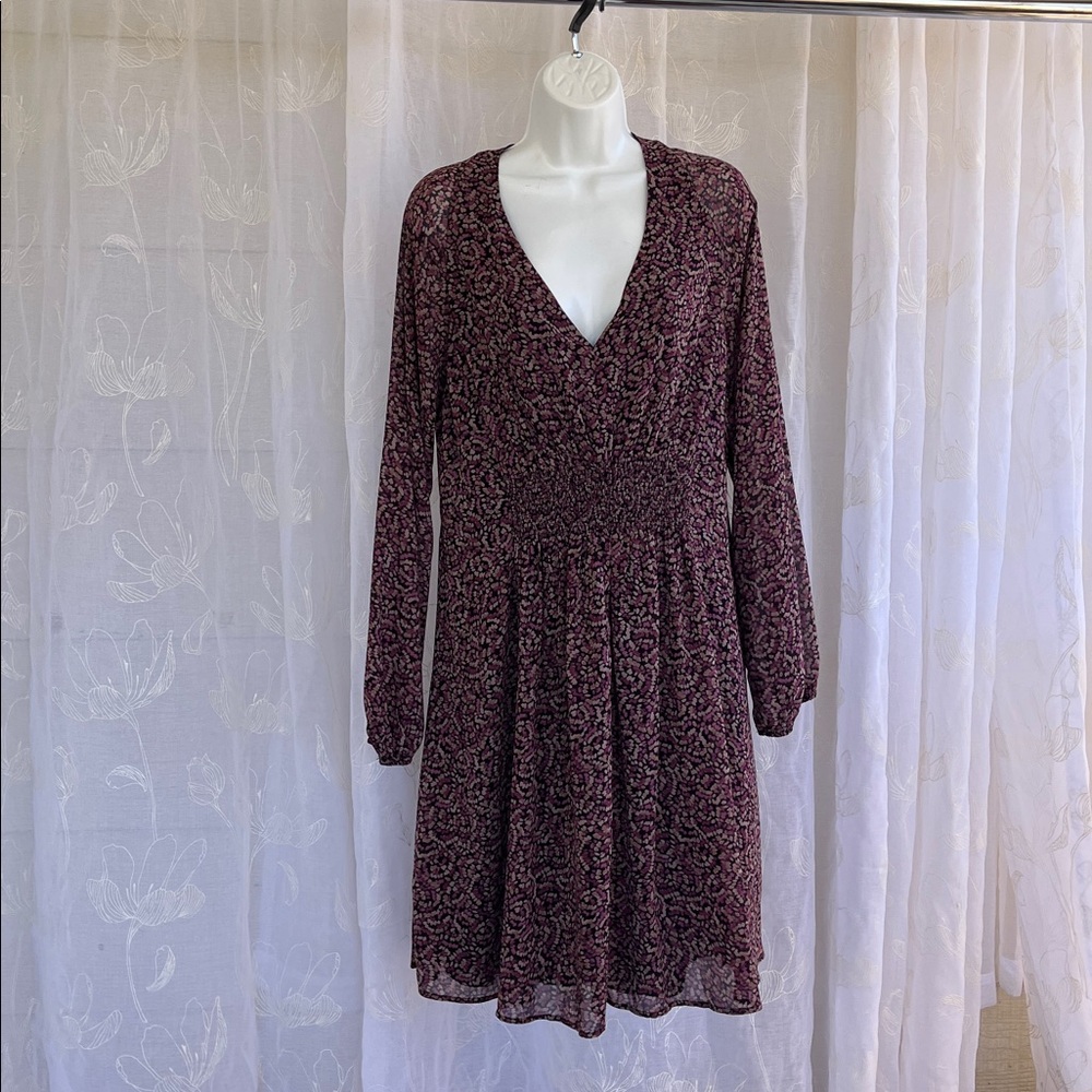 Reitmans Purple Floral Long Sleeve V-Neck Midi Dress